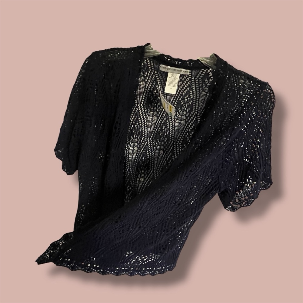 Two-One-Two New York Crocheted See-Thru Deep Navy-Blue Mini Sweater-Jacket New - Picture 8 of 8
